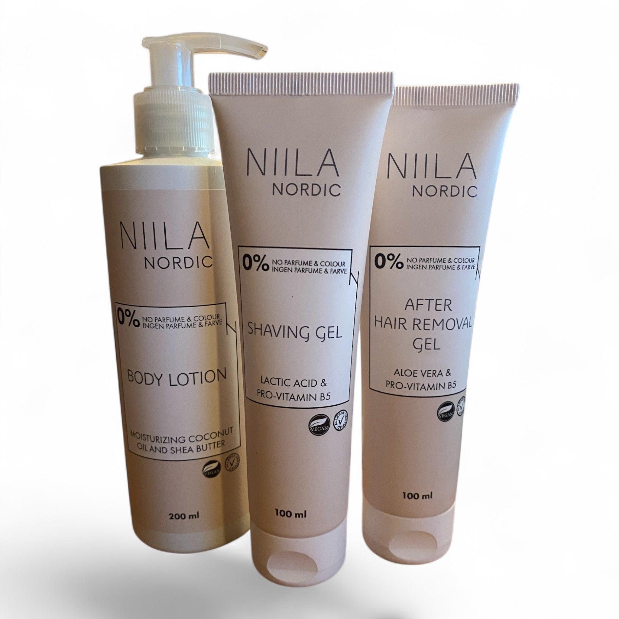 Niila Shave Care Pakke med shaving gel, after hair removal gel og body lotion